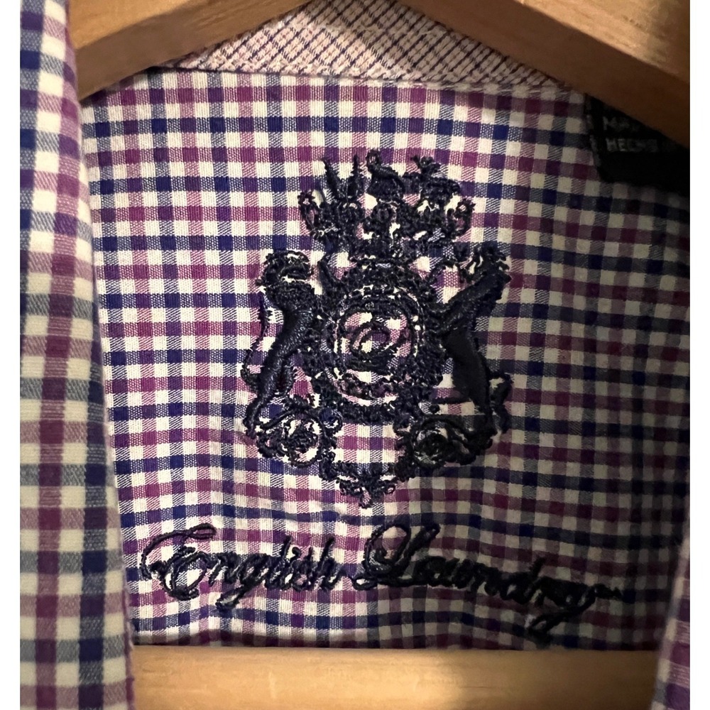 English Laundry Christopher Wicks Mens 16 32-33 Gingham Shirt Purple Navy - Picture 2 of 12